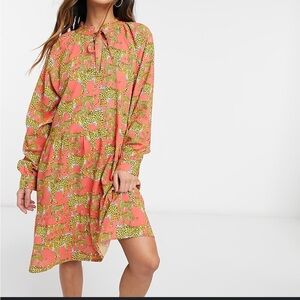 Native youth cheetah leopard animal Pink Gold Dress tiered short dress L large